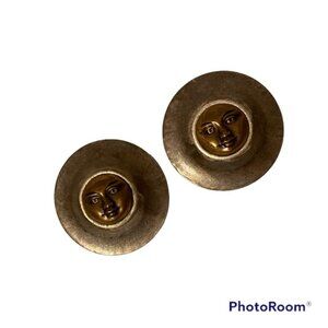 SUSAN L. RICHARDSON EARRINGS MOON FACE VINTAGE 1994 SILVER TONE & ANTIQUED BRASS